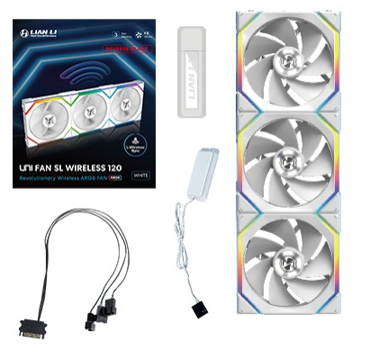 Ventola Lian Li UNI FAN SL Ventola Wireless ARGB PWM Kit da 3 con controller Lama Inversa 120mm Bianco