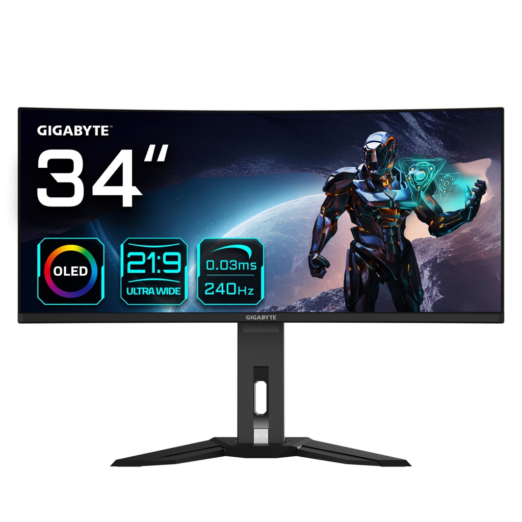 [MO34WQC2 EK] GIGABYTE Monitor da gioco curvo OLED WQHD MO34WQC2 da 34" - 3440 x 1440, 240Hz, 0.03ms, KVM, 250 cd/m², FreeSync Premium Pro, DisplayHDR True Black 400, HDMI 2.1, Displayport 1.4