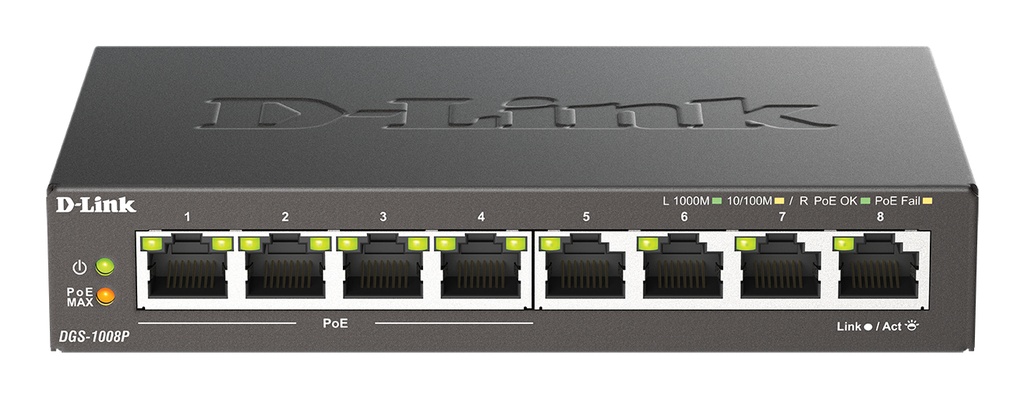 [DGS-1008P/E] D-Link DGS-1008P/E switch di rete Non gestito L2 Gigabit Ethernet (10/100/1000) Supporto Power over Ethernet (PoE) Desktop Nero