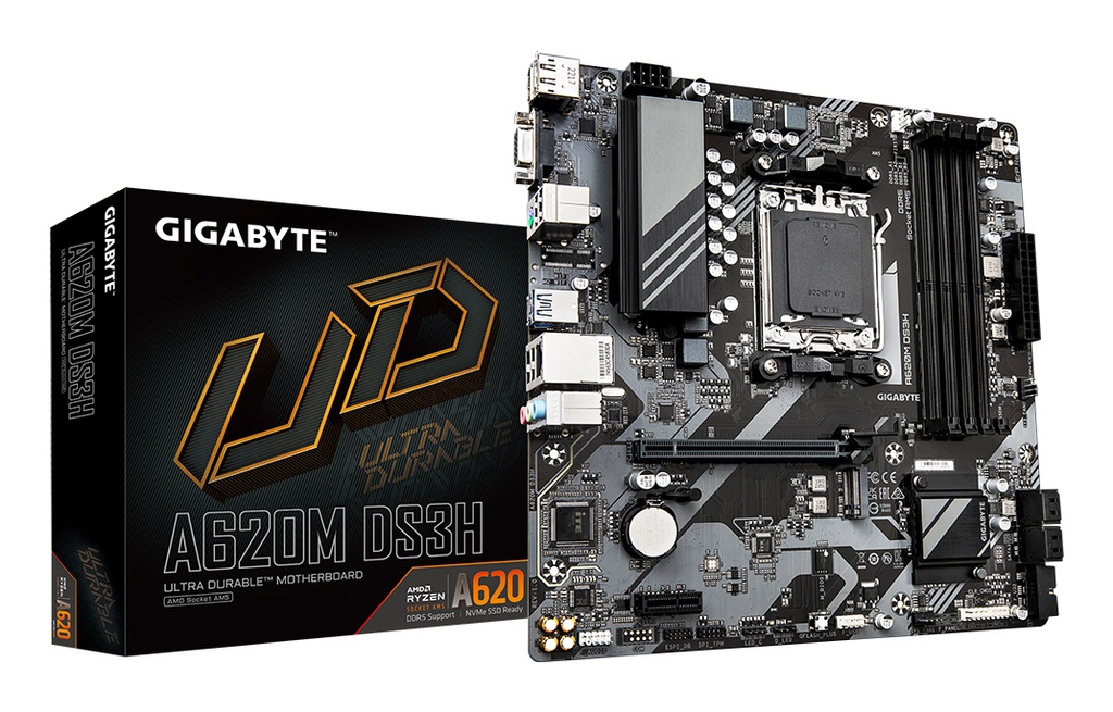 [A620M DS3H] GIGABYTE A620M DS3H Scheda madre - Supporta CPU AMD Ryzen 8000, VRM digitale 5+2+2 fasi, fino a 7600MHz DDR5 (OC), 1xPCIe 4.0 M.2, GbE LAN, USB 3.2 Gen 1