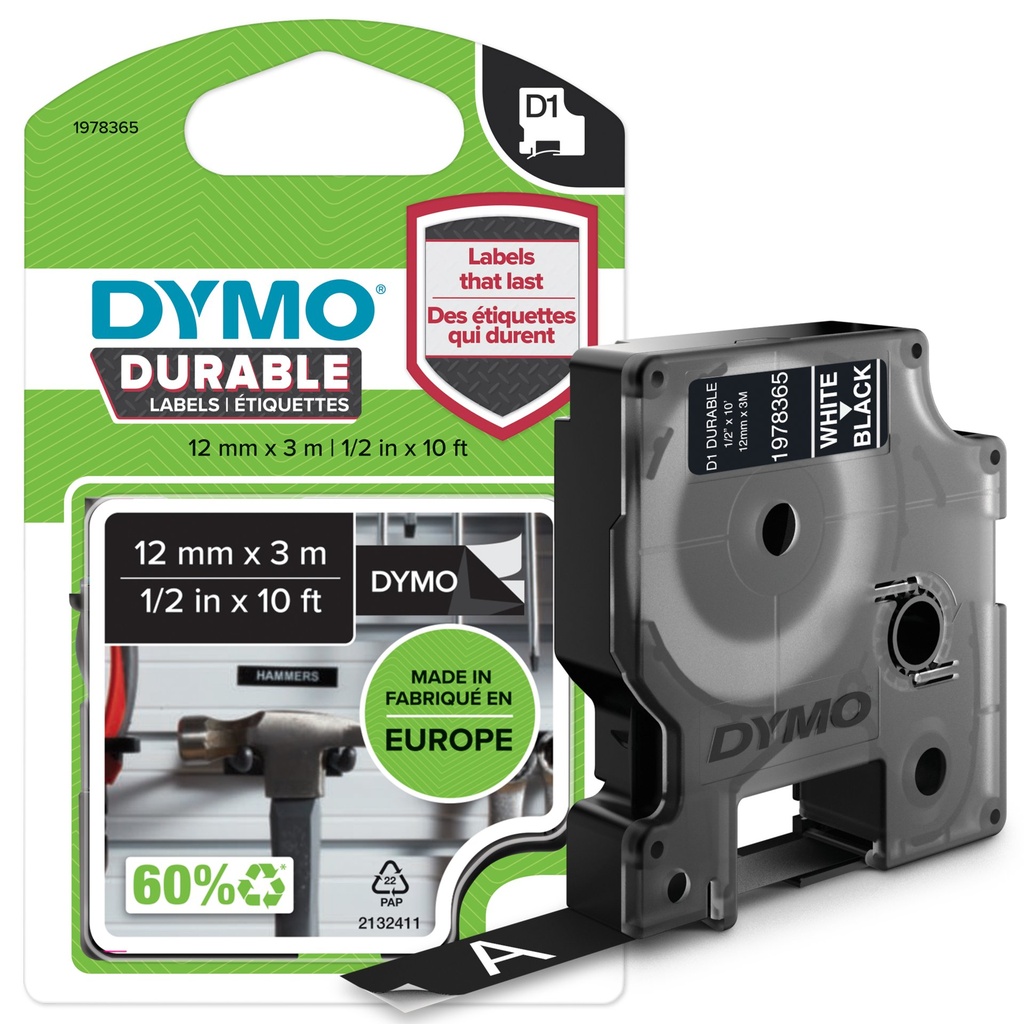 [1978365] DYMO D1 etichette durevoli originali | 12 mm x 3 mm | stampa bianca su nero | etichette autoadesive che durano sulle superfici impegnative | per etichettatrice LabelManager | 1 Pezzo