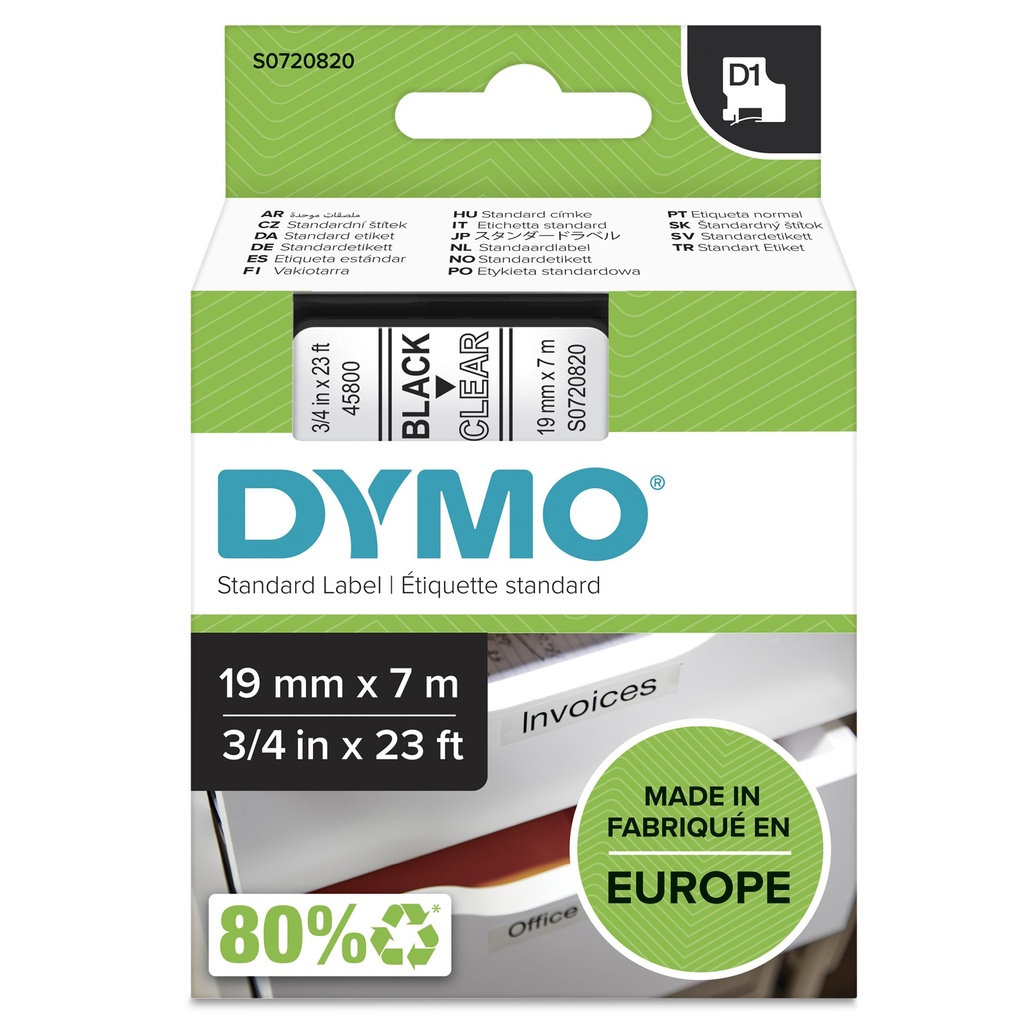 [S0720820] DYMO D1 etichette originali | 19 mm x 7 mm | stampa nera su trasparente | etichette autoadesive per etichettatrice LabelManager | 1 Pezzo