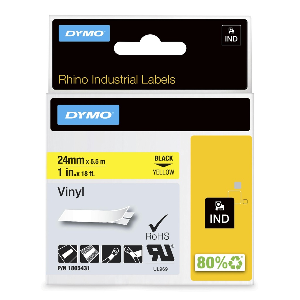 [1805431] DYMO Rhino Etichette in vinile industriale | 24 mm x 5,5 m | Stampa nera su giallo | Autoadesive | per LabelManager e Rhino Label Makers