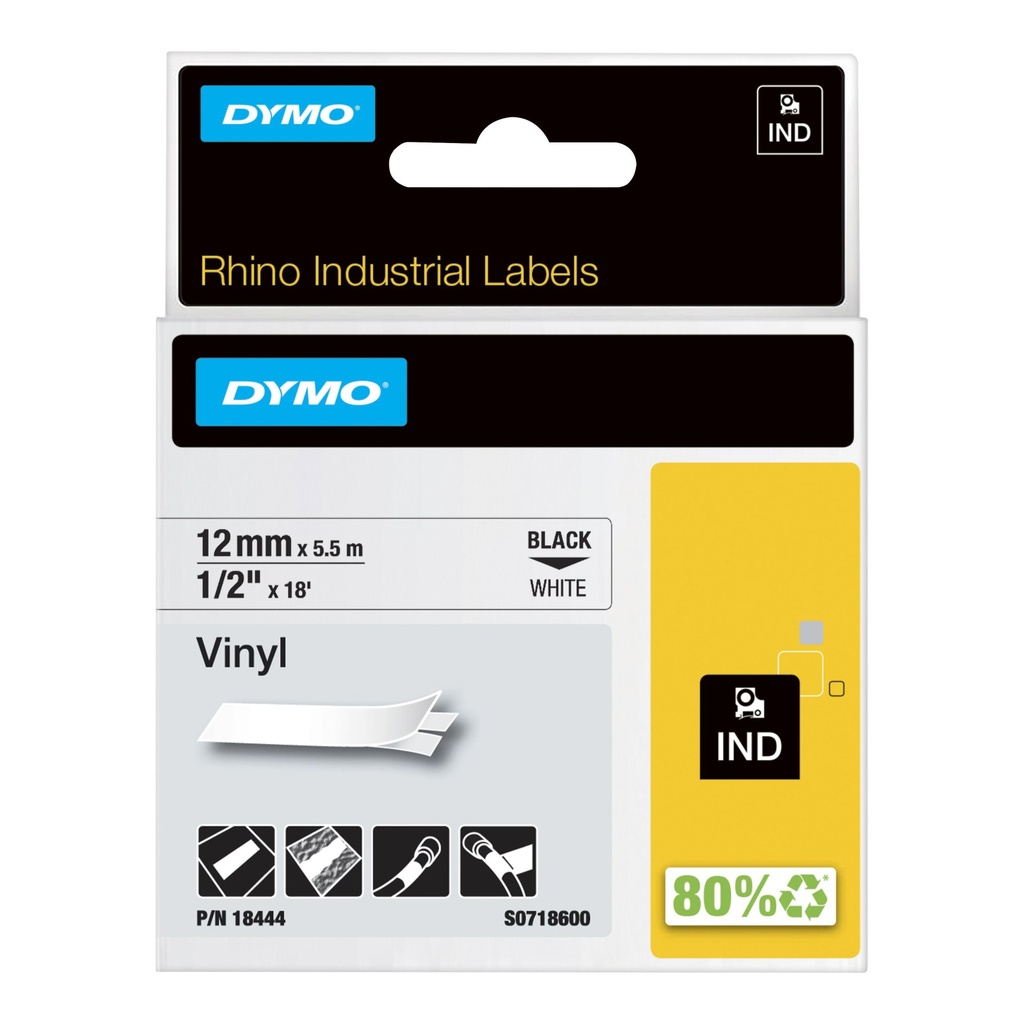 [S0718600] DYMO Rhino etichette industriali in vinile autoadesive | rotolo da 12 mm x 5,5 m | stampa nera su bianco