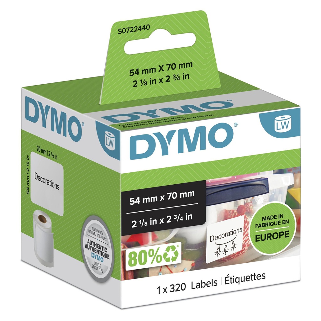 [S0722440] DYMO LW etichette multiuso originali | 54 mm x 70 mm | 12 rotoli da 220 etichette facilmente staccabili | autoadesive | per etichettatrici LabelWriter