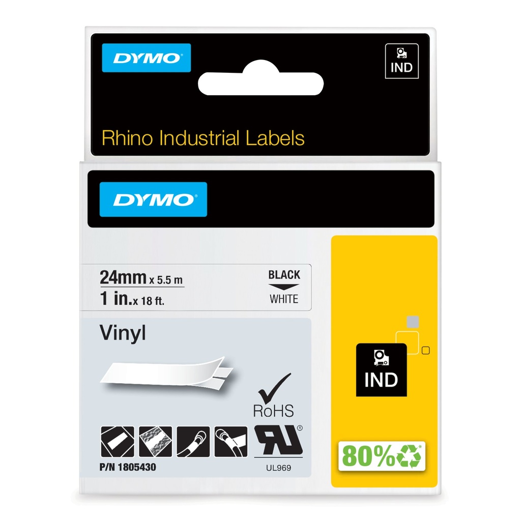 [1805430] DYMO Rhino Etichette in vinile industriali | 24 mm x 5,5 m | Stampa nera su bianco | Autoadesive | per LabelManager e Rhino Label Makers
