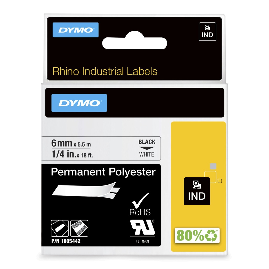 [1805442] DYMO Rhino Etichette in poliestere permanenti industriali | 6 mm x 5,5 m | Stampa nera su bianco | Autoadesive | per stampanti di etichette Rhino e LabelManager