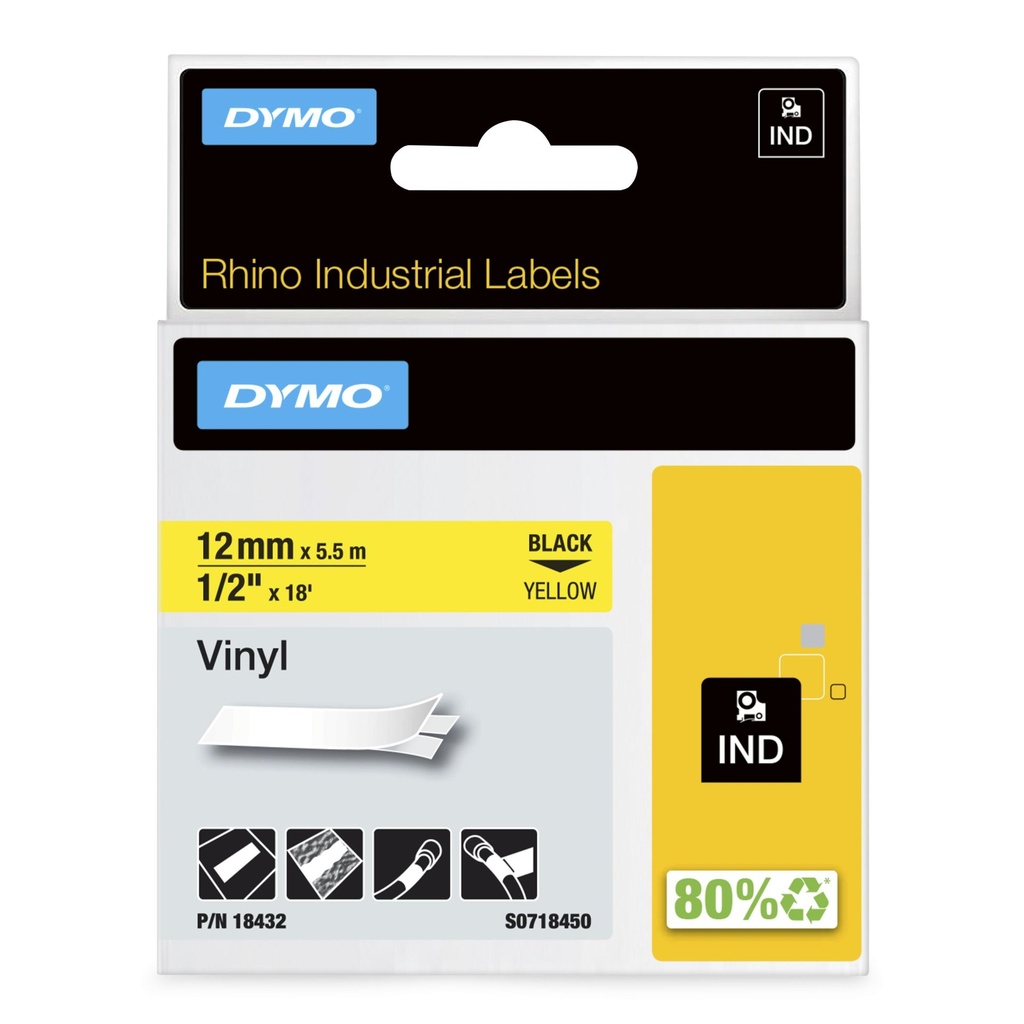 [S0718450] DYMO Rhino etichette industriali in vinile autoadesive | rotolo da 12 mm x 5,5 m | stampa nera su giallo