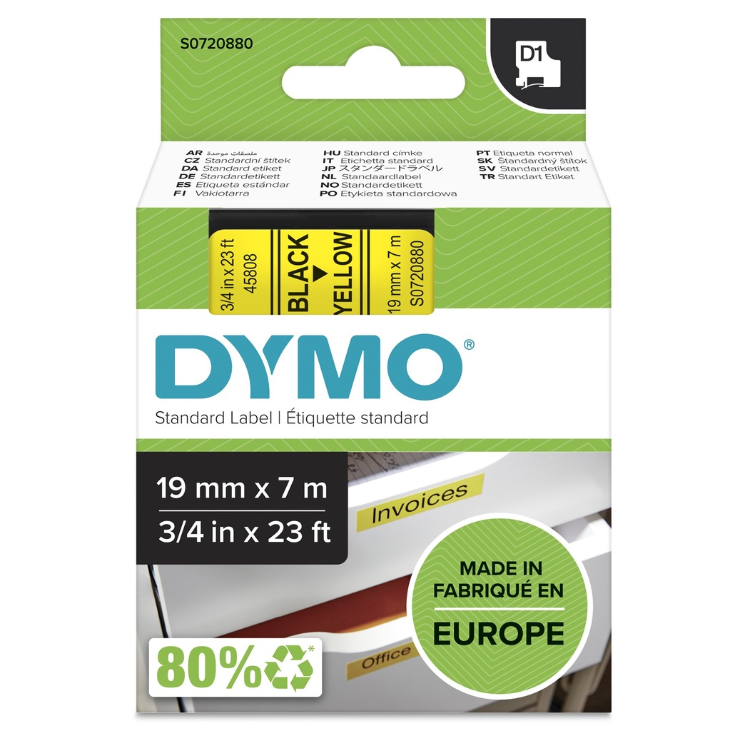 [S0720880] DYMO D1 etichette originali | Rotolo da 19 mm x 7 m | stampa nera su giallo | etichette autoadesive per etichettatrice LabelManager | 1 Pezzo