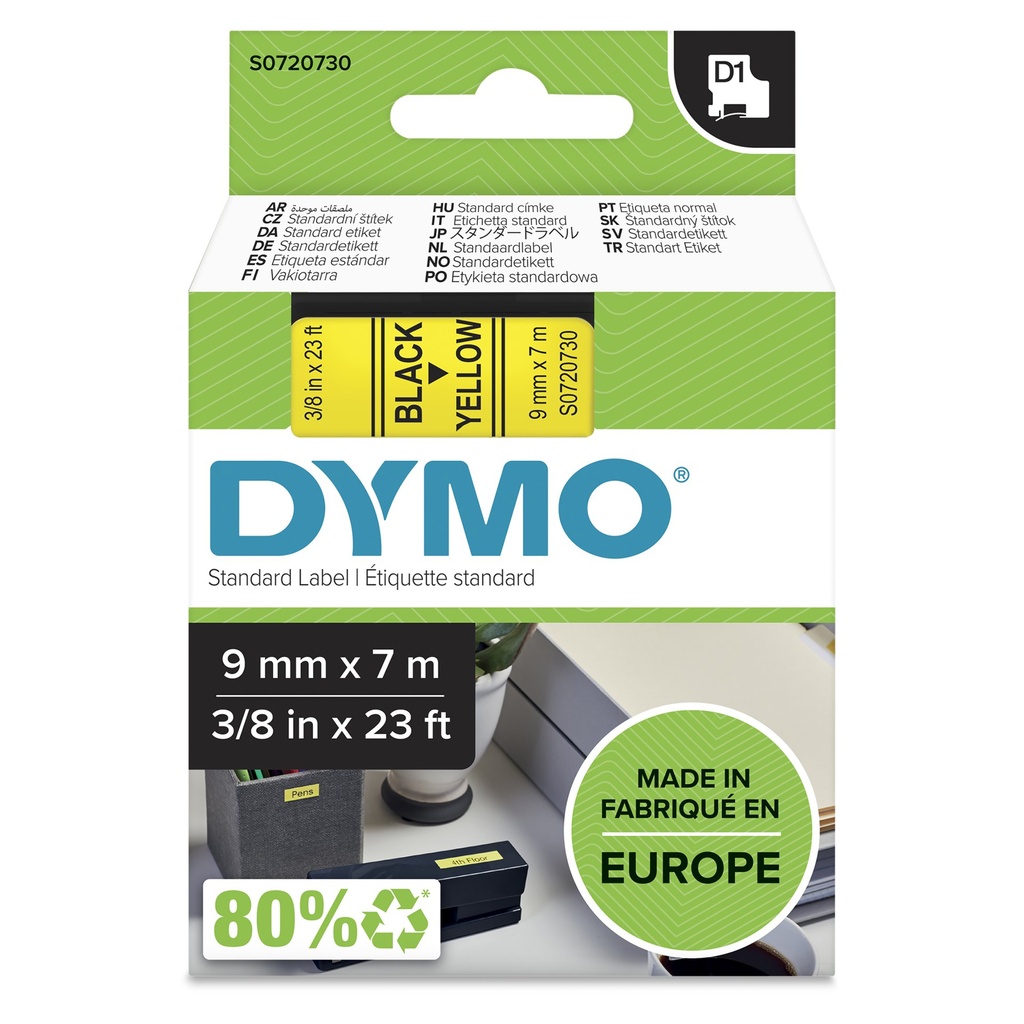 [S0720730] DYMO D1 etichette originali | Rotolo da 9 mm x 7 m | stampa nera su giallo | etichette autoadesive per etichettatrice LabelManager | 1 Pezzo
