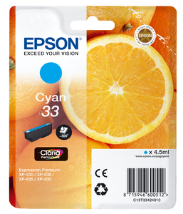 ORIGINAL Epson Cartuccia d'inchiostro ciano C13T33424012 33 ~300 Seiten 4,5ml C13T33424010