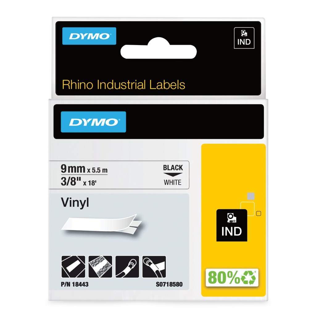 [S0718580] DYMO Rhino etichette industriali in vinile autoadesive | rotolo da 9 mm x 5,5 m | stampa nera su bianco