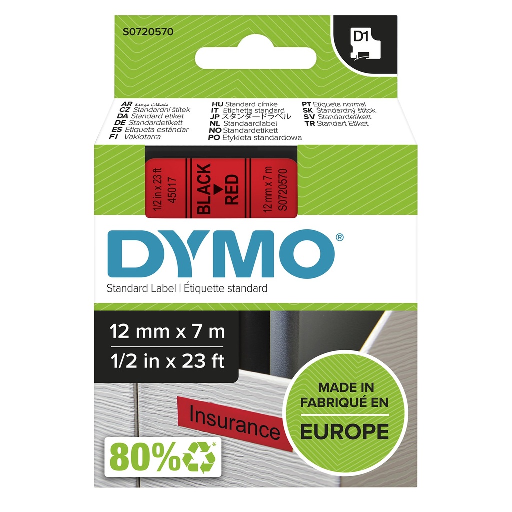[S0720570] DYMO D1 etichette originali | 12 mm x 7 mm | stampa nera su rosso | etichette autoadesive per etichettatrice LabelManager | 1 Pezzo