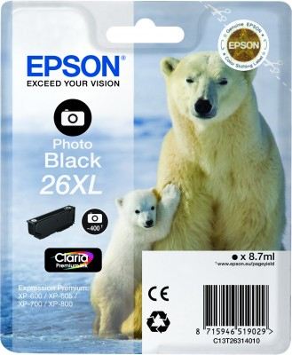 ORIGINAL Epson Cartuccia d'inchiostro Nero (Foto) C13T26314010 26 XL ~400 Seiten 8,7ml Cartucce XL, foto black