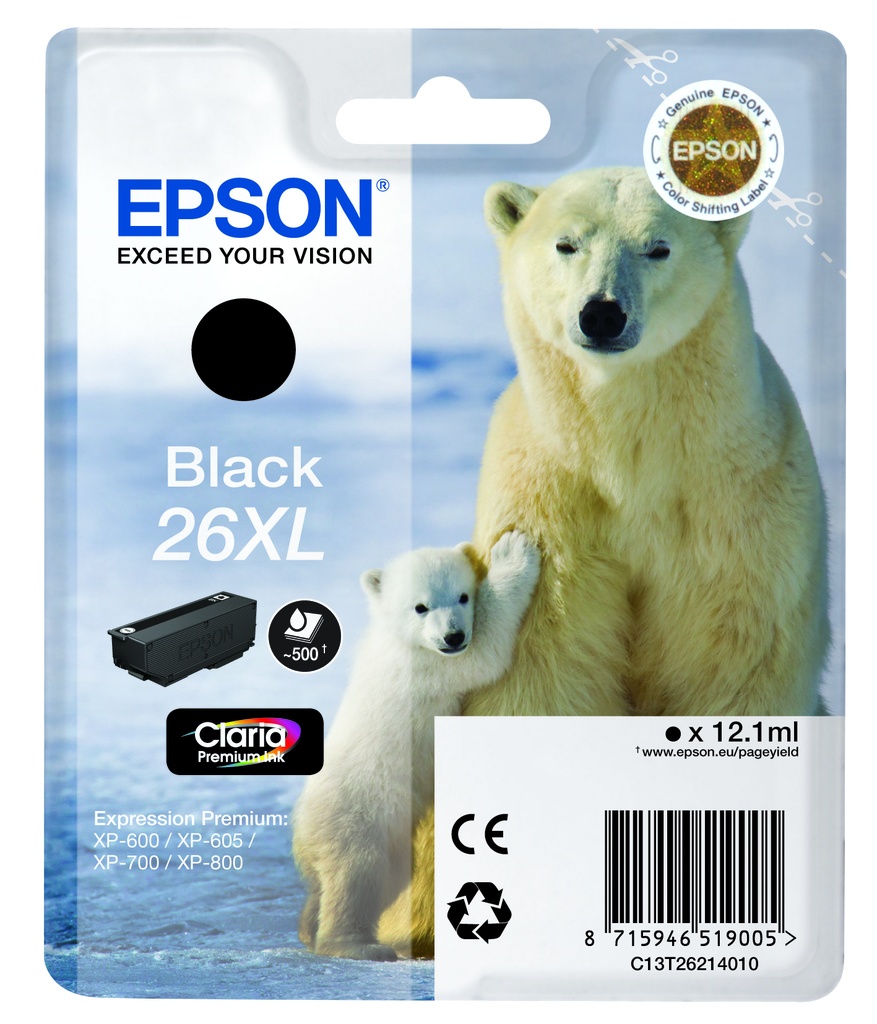 ORIGINAL Epson Cartuccia d'inchiostro nero C13T26214012 26 XL ~500 Seiten 12,1ml Cartuccie d´inchiostro XL