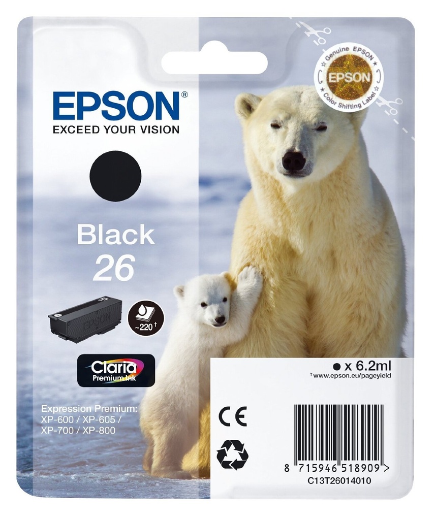 ORIGINAL Epson Cartuccia d'inchiostro nero C13T26014012 26 ~220 Seiten 6,2ml standard