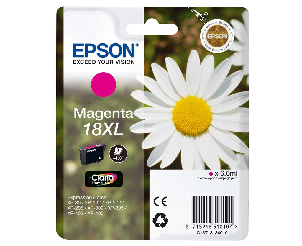 ORIGINAL Epson Cartuccia d'inchiostro magenta C13T18134012 18 XL ~450 Seiten 6,6ml Cartuccie d´inchiostro XL