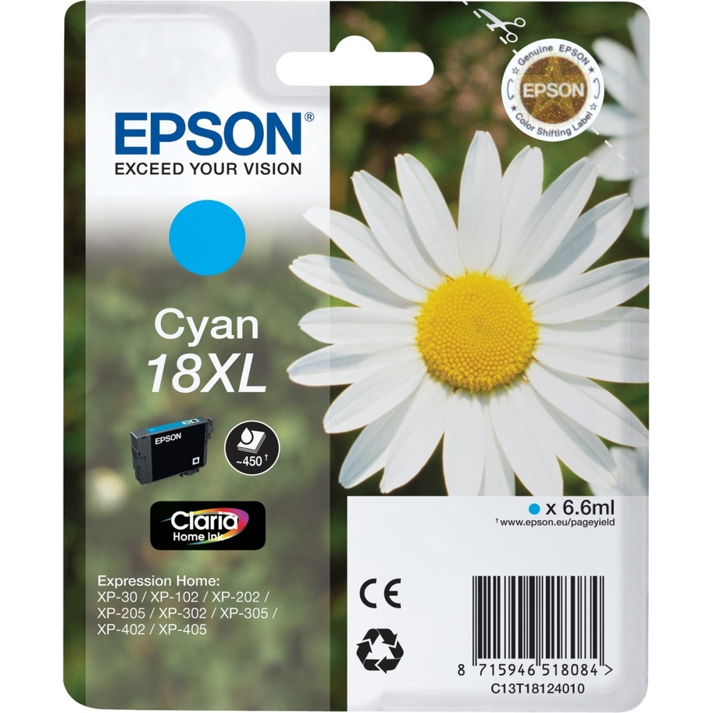 ORIGINAL Epson Cartuccia d'inchiostro ciano C13T18124012 18 XL ~450 Seiten 6,6ml Cartuccie d´inchiostro XL