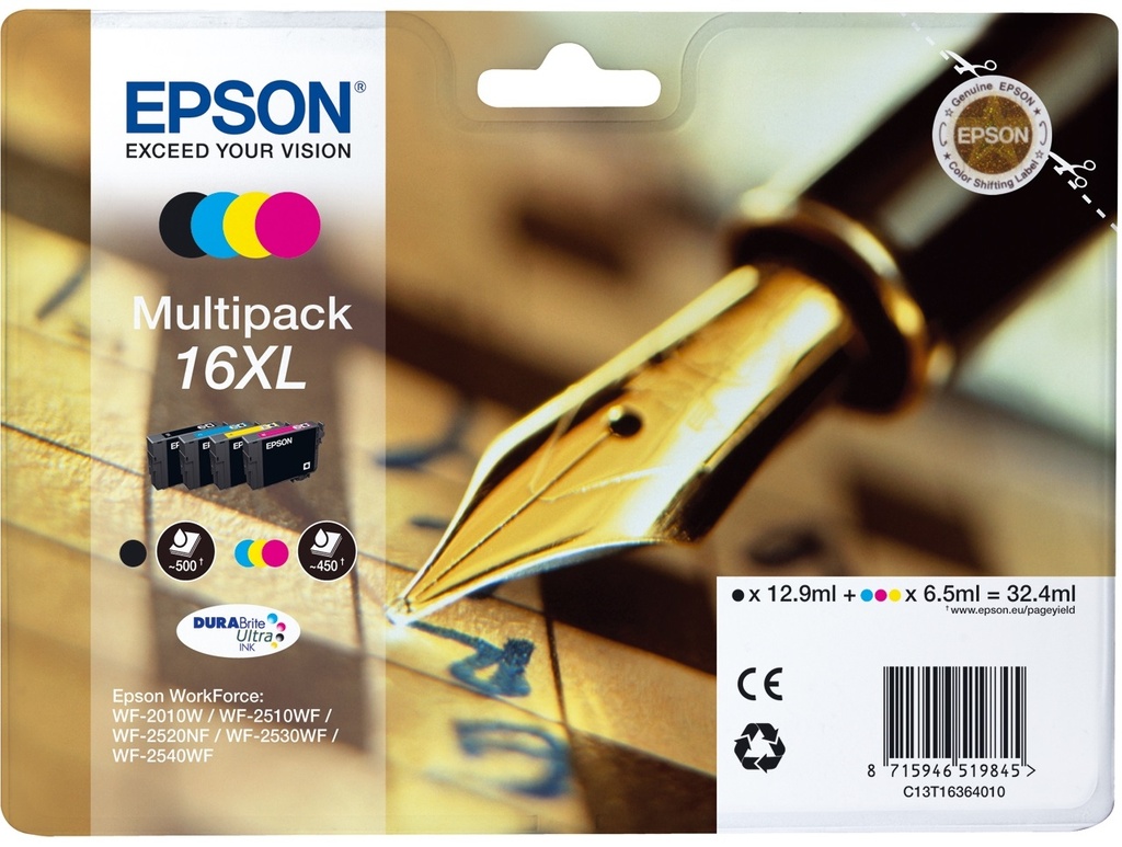 ORIGINAL Epson Multipack nero / ciano / magenta / giallo C13T16364012 16 XL ~1850 Seiten 4 cartucce d'inchistro XL: T1631 + T1632 + T1633 + T1634