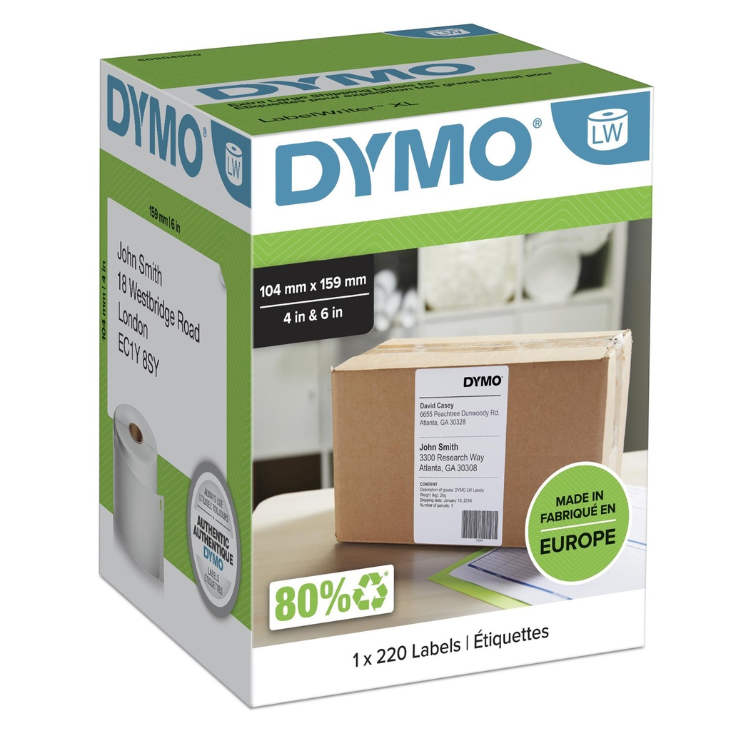 [S0904980] DYMO LW etichette extra large originali per etichettatrice LabelWriter 5XL/4XL | 104 mm x 159 mm | Rotolo da 220 | nero su bianco
