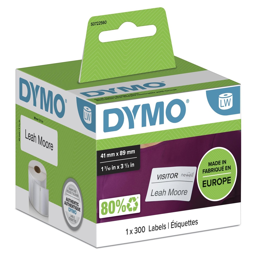 [S0722560] DYMO LW etichette per badge piccole | 41 mm x 89 mm | rotolo da 300 etichette facilmente staccabili | autoadesive | per etichettatrici LabelWriter | originali