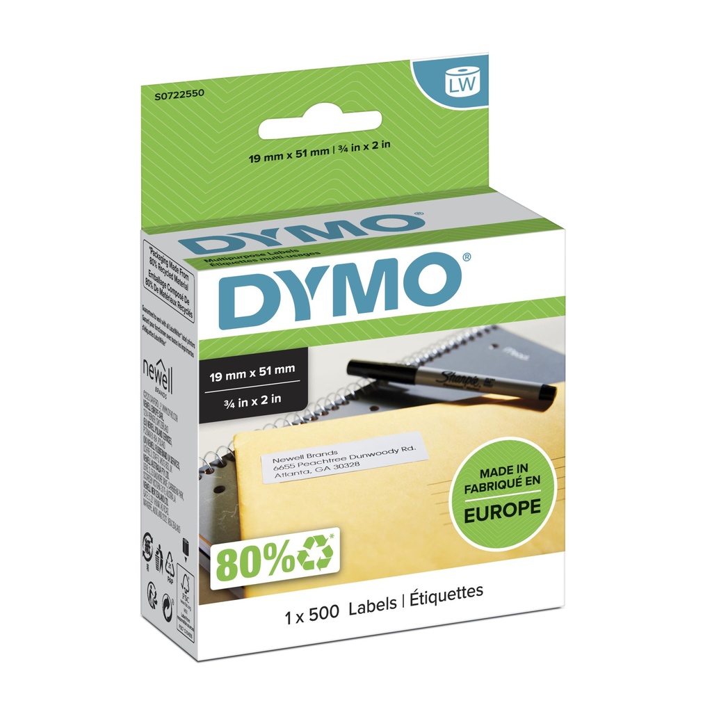 [S0722550] DYMO LW etichette di ritorno originali | 19 mm x 51 mm | rotolo da 500 etichette facilmente staccabili | autoadesive | per etichettatrici LabelWriter