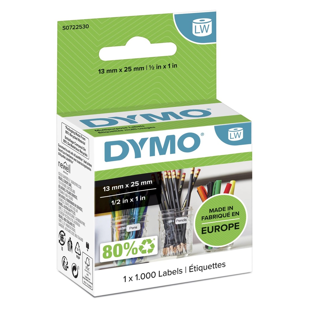 [S0722530] DYMO LW etichette multiuso originali | 13 mm x 25 mm | rotolo da 1000 etichette facilmente staccabili | autoadesive | per etichettatrici LabelWriter