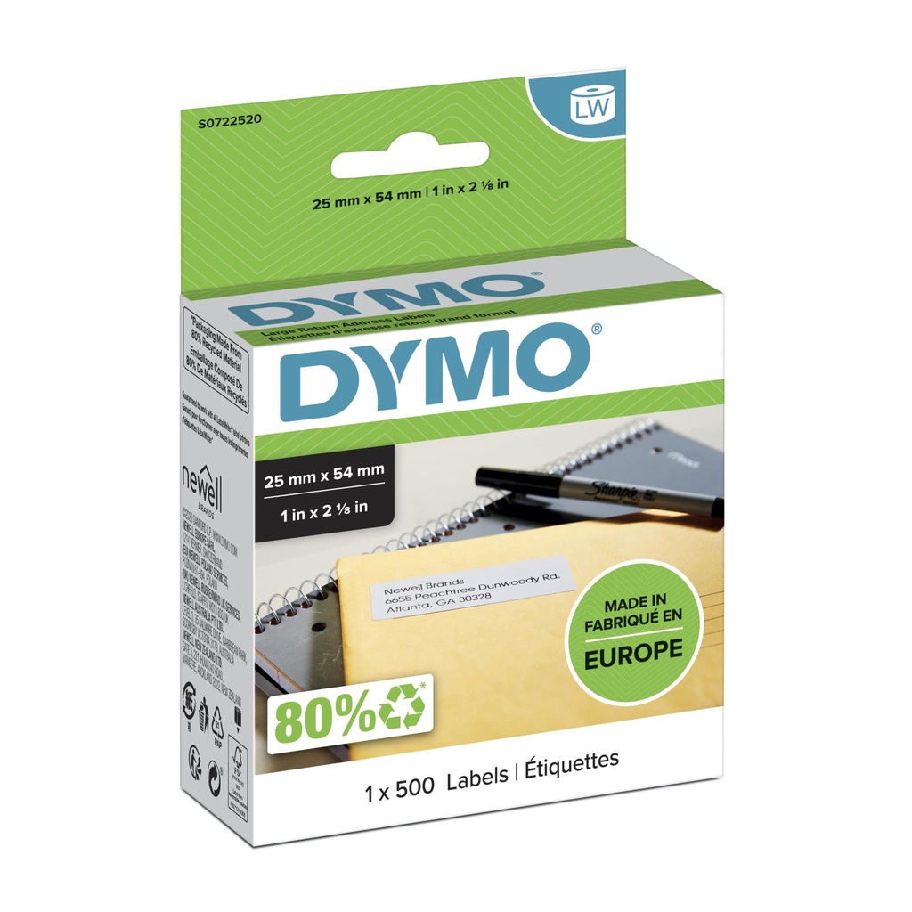 [S0722520] DYMO LW etichette di ritorno originali | 25 mm x 54 mm | 12 rotoli da 500 etichette facilmente staccabili | autoadesive | per etichettatrici LabelWriter | originali