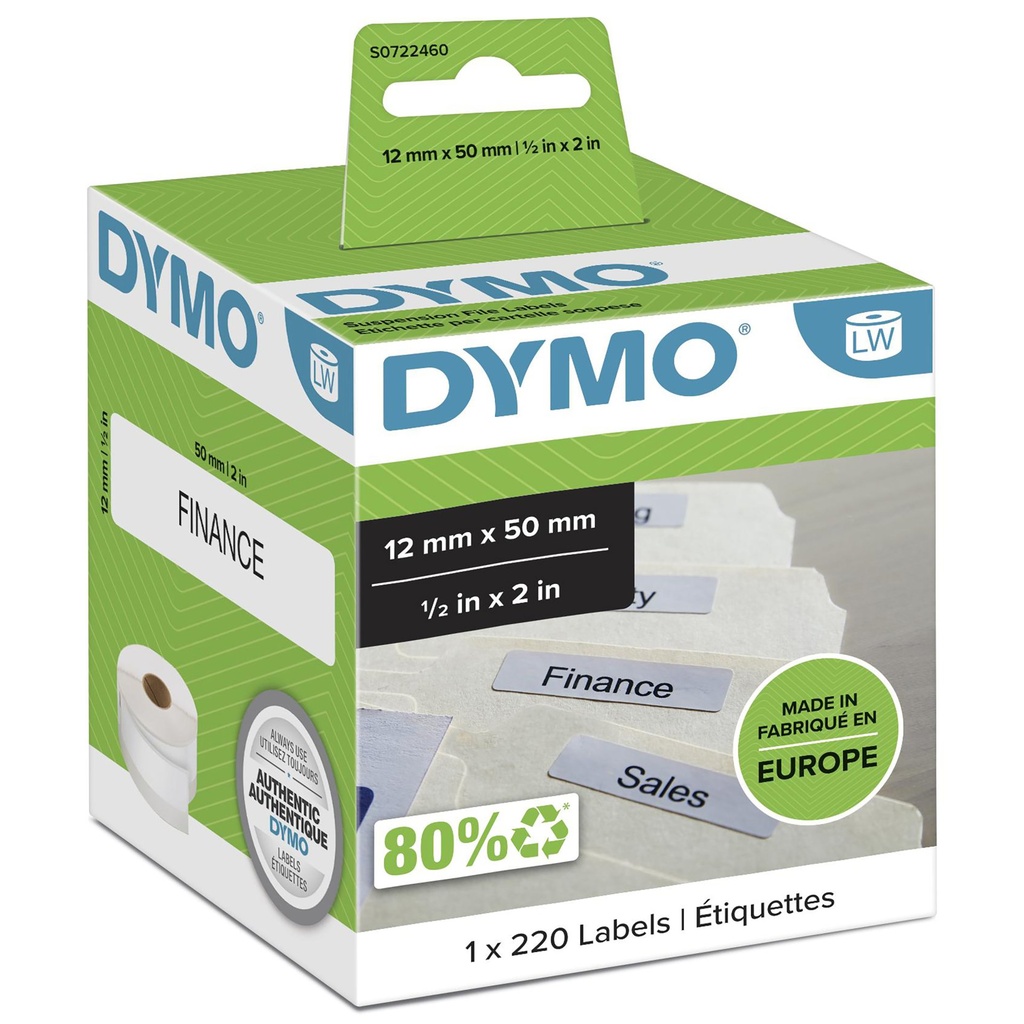 [S0722460] DYMO LW etichette originali per cartelle sospese | 12 mm x 50 mm | 12 rotoli da 220 etichette facilmente staccabili | autoadesive | per etichettatrici LabelWriter