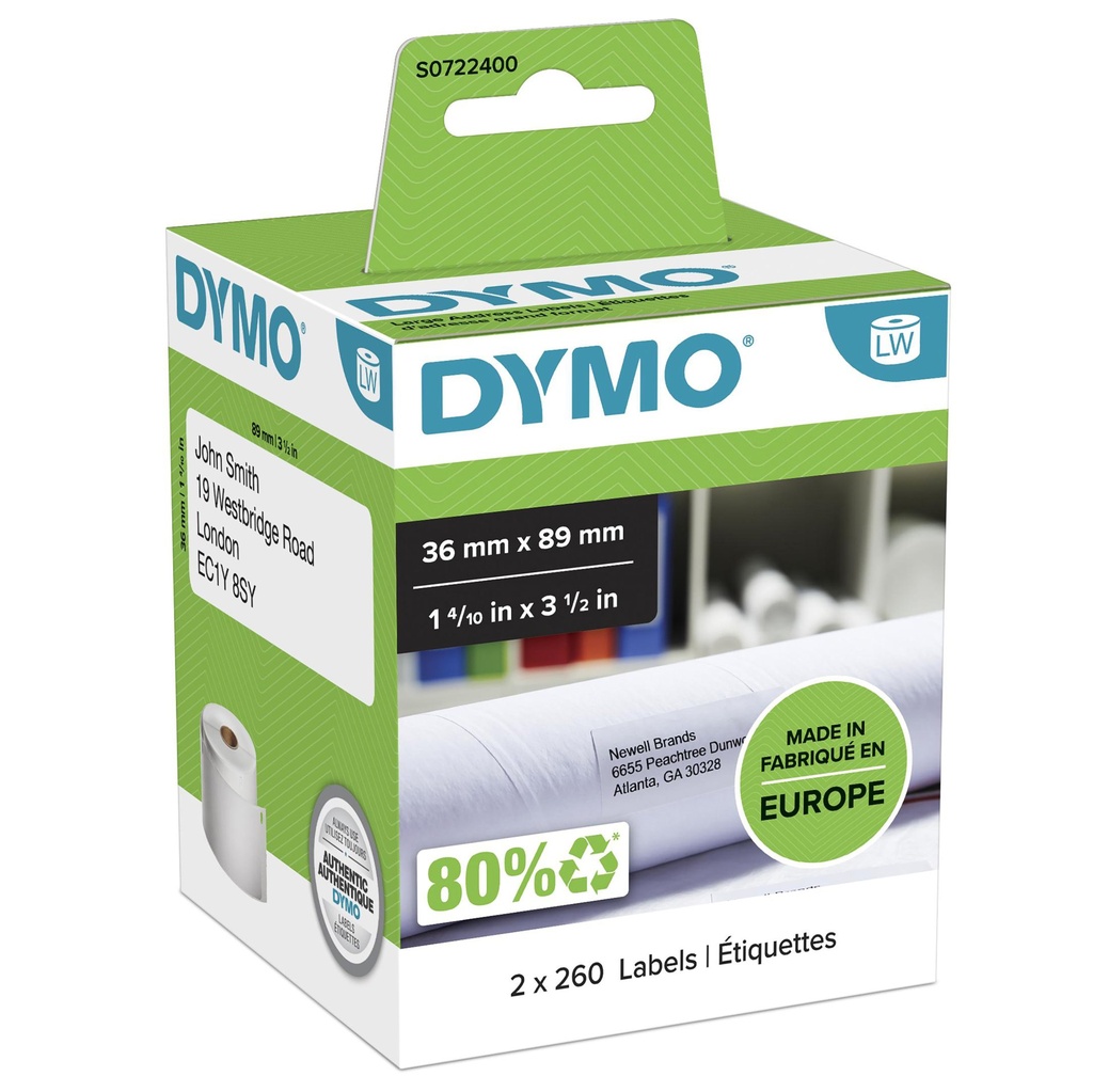 [S0722400] DYMO LW etichette per indirizzi grandi | 36 mm x 89 mm | 2 rotoli da 260 etichette facilmente staccabili (520 etichette) | autoadesive | per etichettatrici LabelWriter | originali