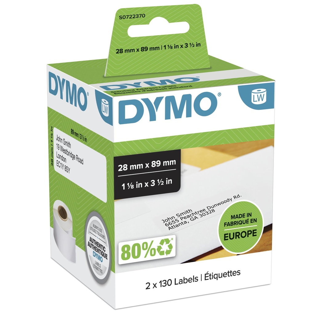 [S0722370] DYMO LW etichette per indirizzi | 28 mm x 89 mm | 2 rotoli da 130 etichette facili da staccare (260 pezzi) | autoadesive | per etichettatrici LabelWriter | originali