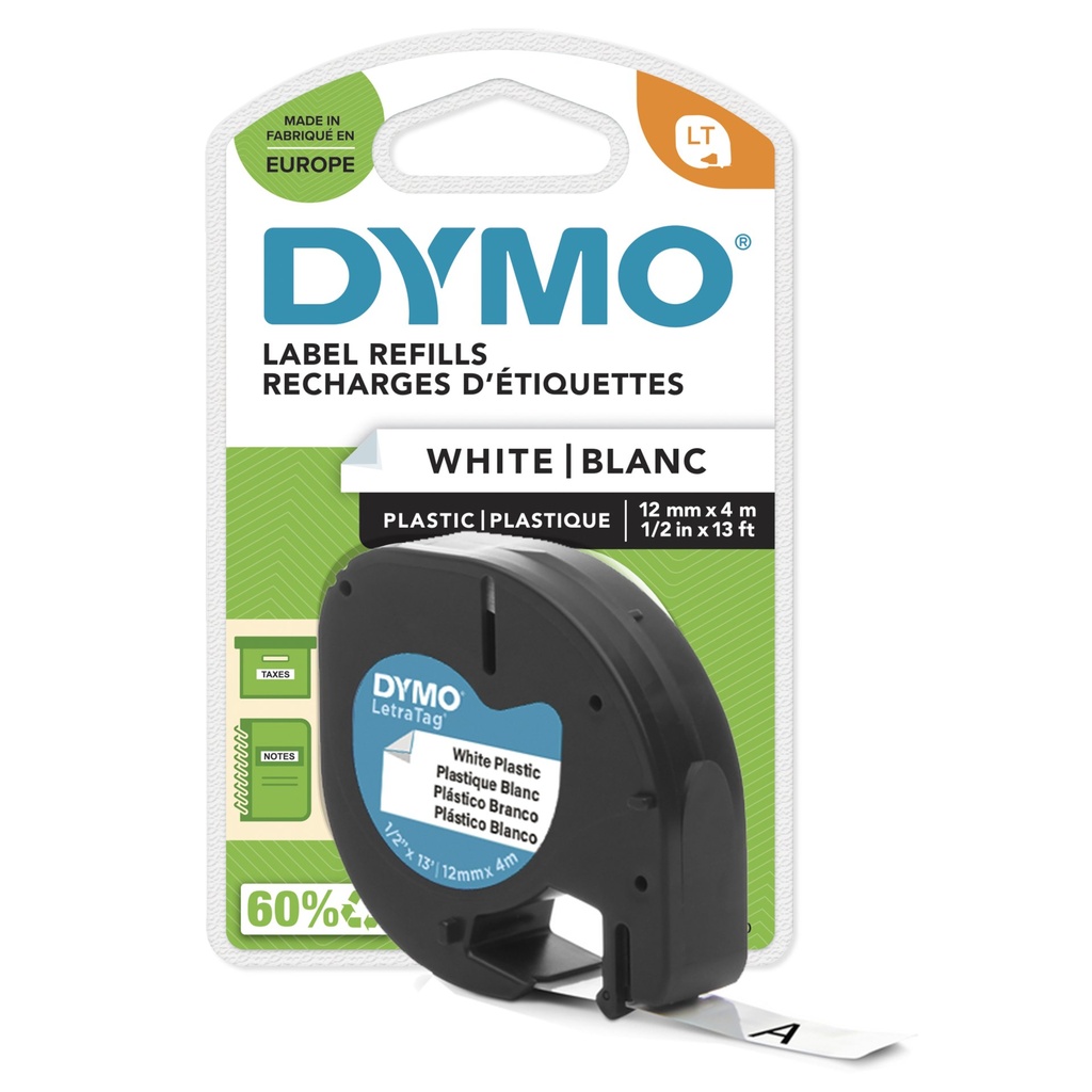 [S0721660] DYMO LetraTag etichette originali in plastica | rotolo da 12 mm x 4 m | stampa nera su bianco | LT etichette autoadesive per etichettatrice LetraTag | 1 pezzo