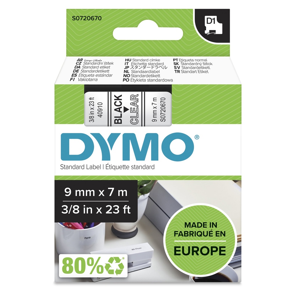 [S0720670] DYMO D1 etichette originali | stampa nera su trasparente | 9 mm x 7 m | autoadesive | per etichettatrice di etichette LabelManager