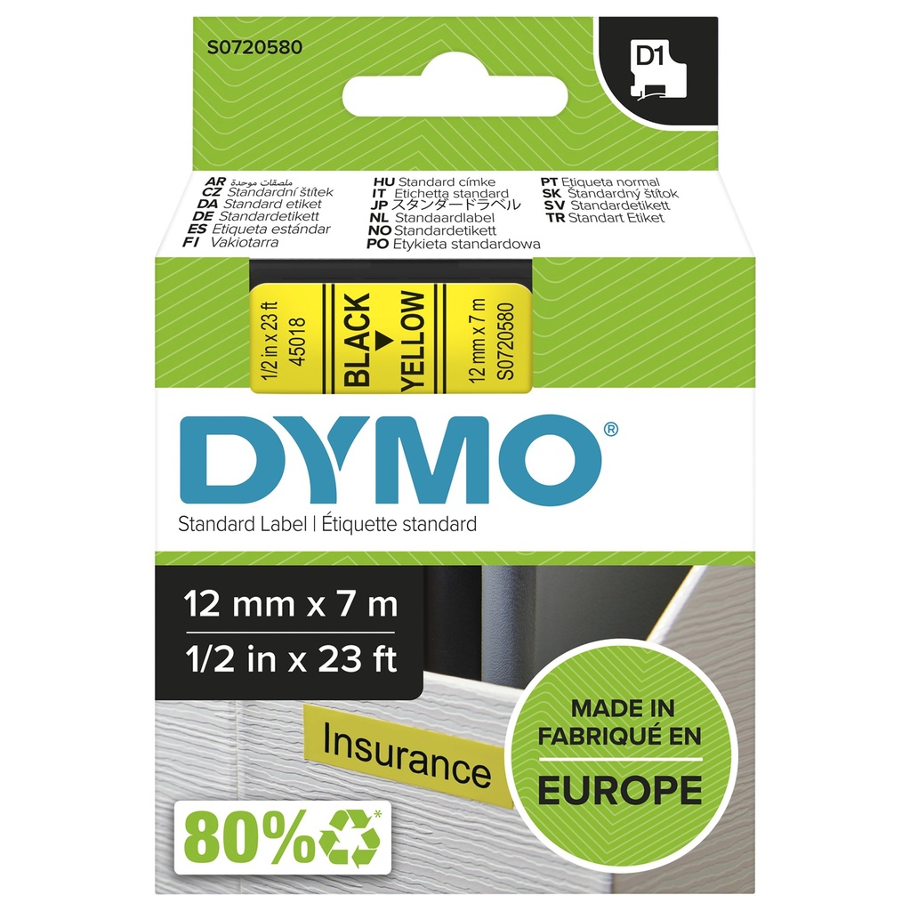 [S0720580] DYMO D1 etichette originali | stampa nera su giallo | 12 mm x 7 m | etichette autoadesive per etichettatrice LabelManager | 1 Pezzo