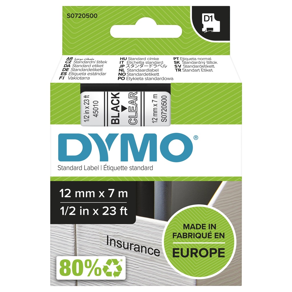 [S0720500] DYMO D1 etichette originali | stampa nera su trasparente | 12 mm x 7 m | etichette autoadesive per etichettatrice LabelManager | 1 Pezzo