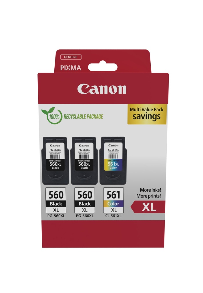 [PG-560XL+CL-561XL] Canon 3712C009 cartuccia d'inchiostro 3 pz Originale Resa elevata (XL) Nero, Ciano, Magenta, Giallo