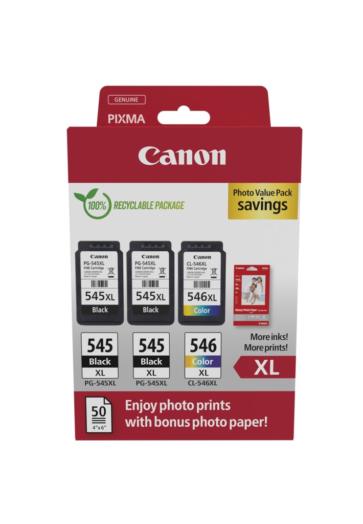 [PG-545XL+CL-546XL] ORIGINAL Canon Value Pack nero / differenti colori / Bianco PG-545XL+CL-546XL + 10x15 cm Fotopapier 50 Blatt ~700 Seiten