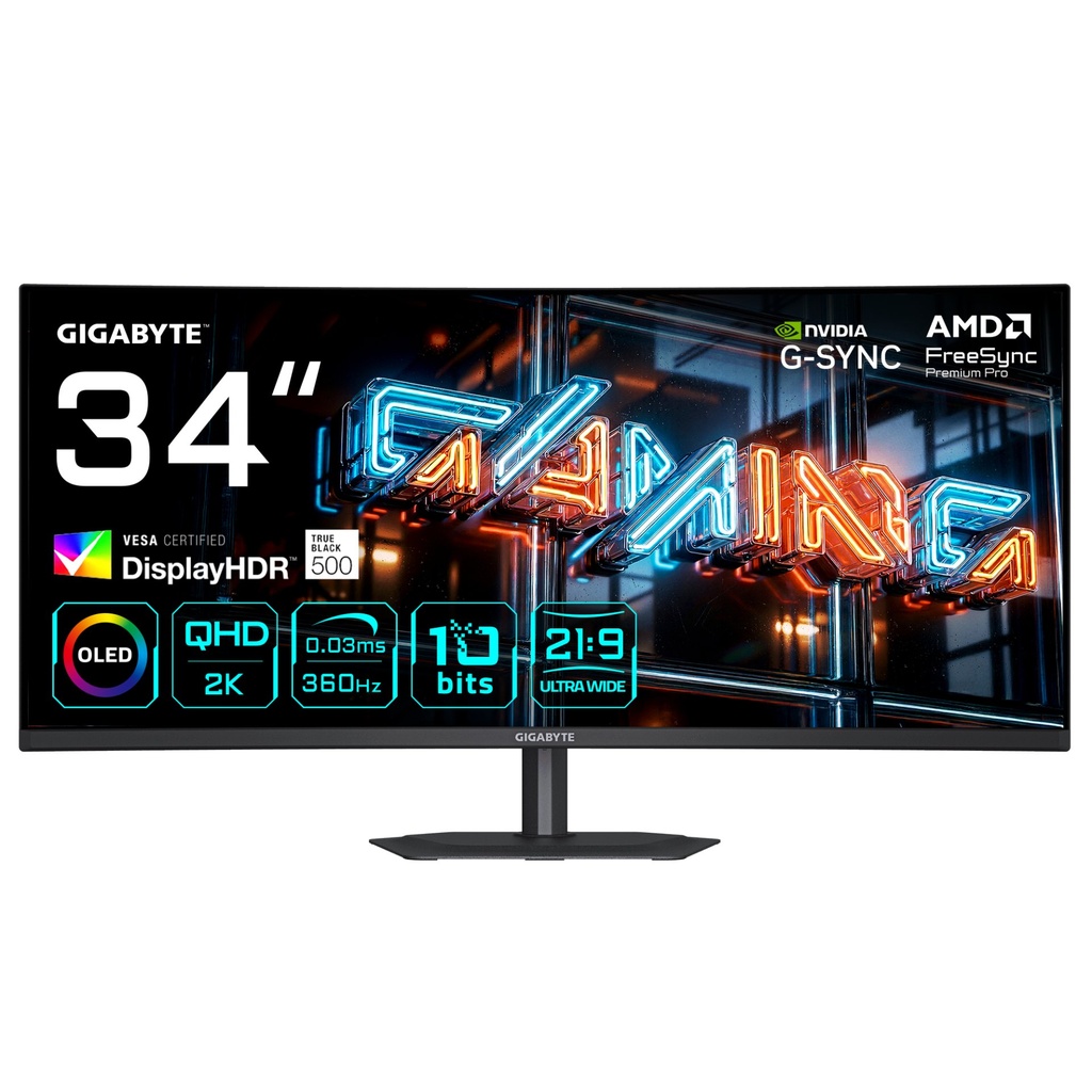 [MO34WQC36 EK] GIGABYTE MO34WQC36 Monitor Gaming Curvo 34” WQHD - 3440 x 1440, 360Hz, 0.03ms, KVM, 300 cd/m², FreeSync Premium Pro, DisplayHDR True Black 500, HDMI 2.1, DisplayPort 2.1