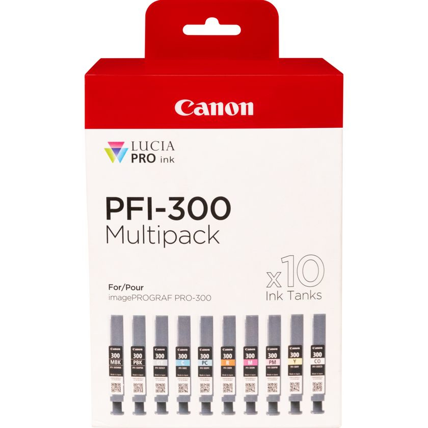 ORIGINAL Canon Multipack Nero (opaco) / Nero (Foto) / ciano / magenta / giallo / ciano / magenta / Rosso / Grigio / Trasparente PFI-300 10 Tintentanks 4192C008 ~6686 Seiten