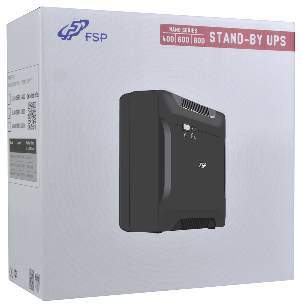 [PPF3600210] FSP Nano 600 uninterruptible power supply (UPS) Standby (Offline) 0.6 kVA 360 W 2 AC outlet(s)