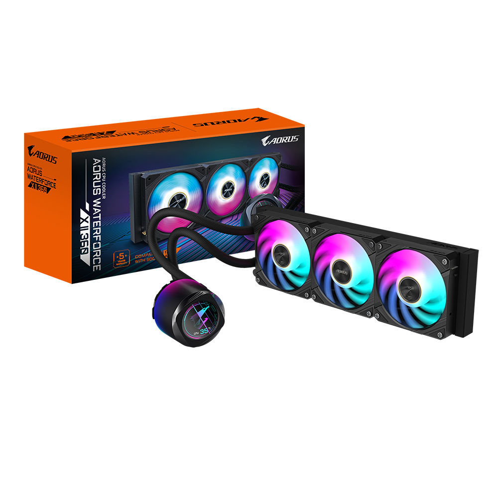 [GP-AORUSWATERFORCE X II 360] GIGABYTE AORUS WATERFORCE X II 360 AIO Liquid CPU Cooler - 3x120mm ARGB Fans, full-color LCD, MAGNETIC interlocking mechanism, DAISY-CHAIN, Intel LGA 1851 and AMD AM5 Compatible