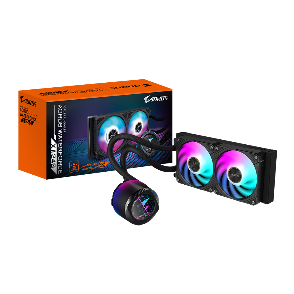 [GP-AORUS WATERFORCE X II 240] GIGABYTE AORUS WATERFORCE X II 240 Raffreddamento a liquido per CPU AIO - 2x ventole ARGB da 120 mm, LCD a colori, DAISY-CHAIN, compatibile con Intel LGA 1851 e AMD AM5