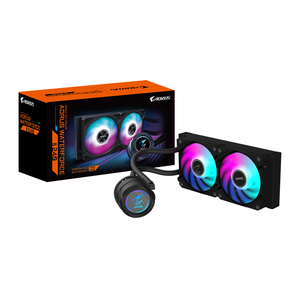 [GP-AORUS WATERFORCE II 240 G] GIGABYTE AORUS WATERFORCE II 240 Raffreddamento a liquido per CPU AIO - 2x ventole ARGB da 120 mm, meccanismo a incastro, DAISY-CHAIN, compatibile con Intel LGA 1851 e AMD AM5