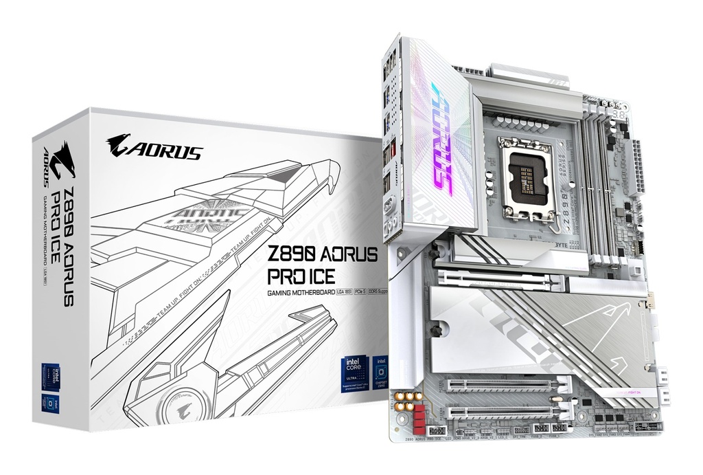 [Z890 AORUS PRO ICE] GIGABYTE Z890 AORUS PRO ICE Motherboard - Supports Intel Core Ultra (Series 2) CPUs, 16+1+2 phases VRM, up to 9500MHz DDR5 (OC), 1xPCIe 5.0 + 4xPCIe 4.0, Wi-Fi 7, 5GbE LAN, Thunderbolt 4
