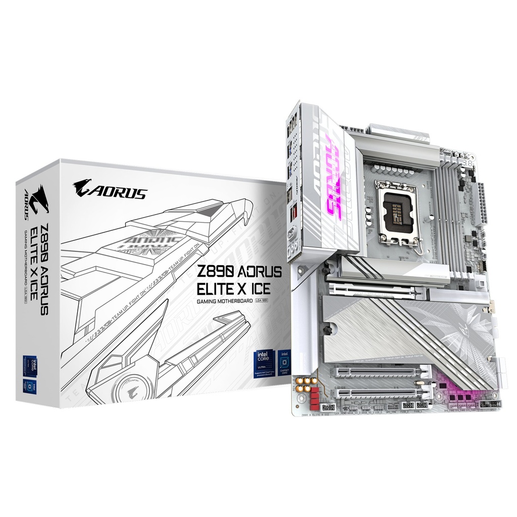 [Z890 A ELITE X ICE] GIGABYTE Z890 AORUS ELITE X ICE Motherboard - Supports Intel Core Ultra (Series 2) CPUs, 16+1+2 phases VRM, up to 9500MHz DDR5 (OC), 1xPCIe 5.0 + 4xPCIe 4.0, Wi-Fi 7, 2.5GbE LAN, Thunderbolt 4