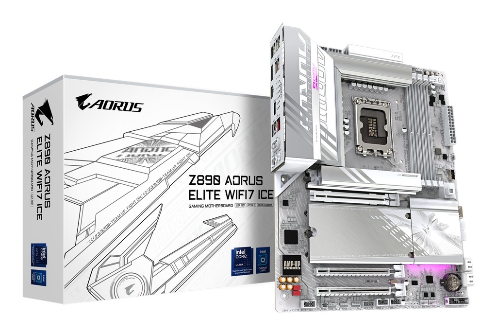 [Z890 A ELITE WF7 ICE] GIGABYTE Z890 AORUS ELITE WIFI7 ICE Motherboard - Supports Intel Core Ultra (Series 2) CPUs, 16+1+2 phases VRM, up to 8800MHz DDR5 (OC), 1xPCIe 5.0 + 3xPCIe 4.0, Wi-Fi 7, 2.5GbE LAN, Thunderbolt 4