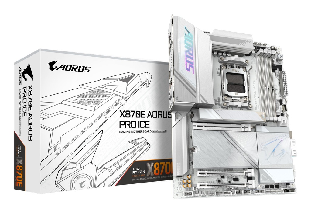 [X870E AORUS PRO ICE] GIGABYTE X870E AORUS PRO ICE Motherboard - Supports AMD Ryzen 9000 CPUs, 16+2+2 Phases Digital VRM, up to 8000MHz DDR5 (OC), 3xPCIe 5.0 + 1xPCIe 4.0, Wi-Fi 7, 2.5GbE LAN, USB 4