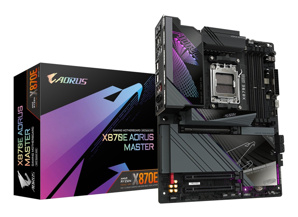 [X870E AORUS MASTER] GIGABYTE X870E AORUS MASTER Motherboard - Supports AMD Ryzen 9000 CPUs, 16+2+2 Phases Digital VRM, up to 8600MHz DDR5 (OC), 3xPCIe 5.0 + 1xPCIe 4.0, Wi-Fi 7, 5GbE LAN, USB 4