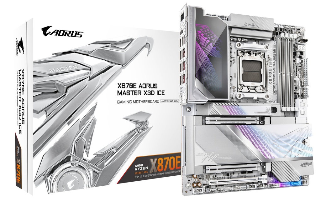 [X870E A MASTER X ICE] GIGABYTE X870E AORUS MASTER X3D ICE Scheda Madre – Supporta CPU AMD Ryzen 9000, VRM Digitale a 18+2+2 fasi, fino a 9000 Hz DDR5 (OC), 2 x PCIe 5.0 + 3 x PCIe 4.0, Wi-Fi 7, LAN 10 GbE, USB 4