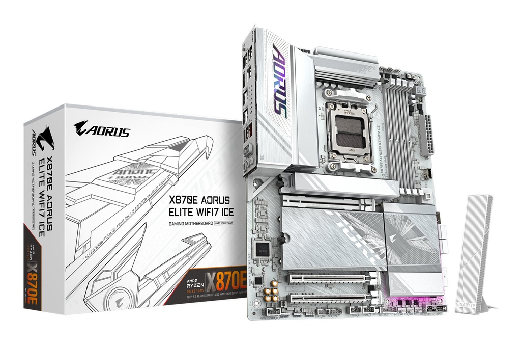 [X870E A ELITE WIFI7 ICE] GIGABYTE X870E AORUS ELITE WIFI7 ICE Scheda madre - Supporta CPU AMD Ryzen 9000, VRM digitale a 16+2+2 fasi, fino a 8200 MHz DDR5 (O.C.), 3x PCIe 5.0 + 1x PCIe 4.0, Wi-Fi 7, LAN 2.5 GbE, USB 4